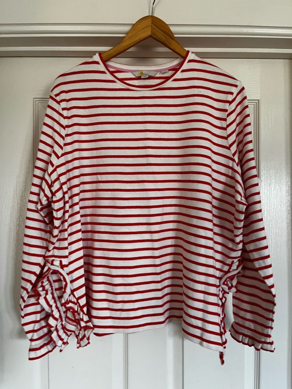 Boden orange and White Striped Crew with Side Ruffle and ruffle cuffs